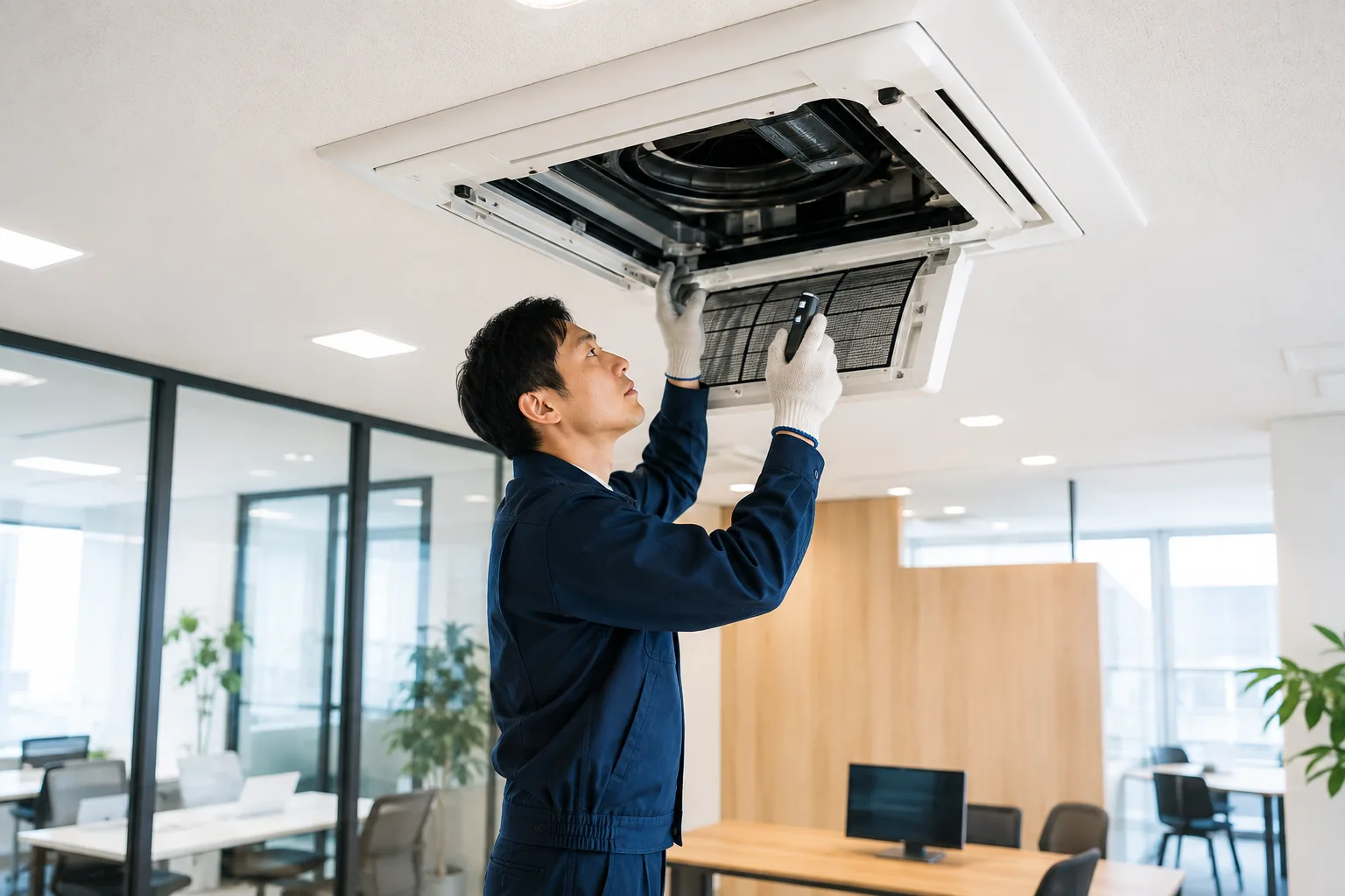 オフィスの天井埋込形エアコンを点検する作業員