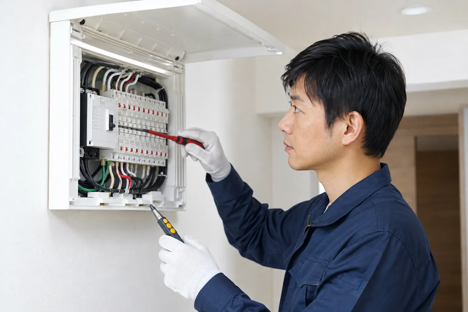 住宅の分電盤を安全に点検する電気工事作業員