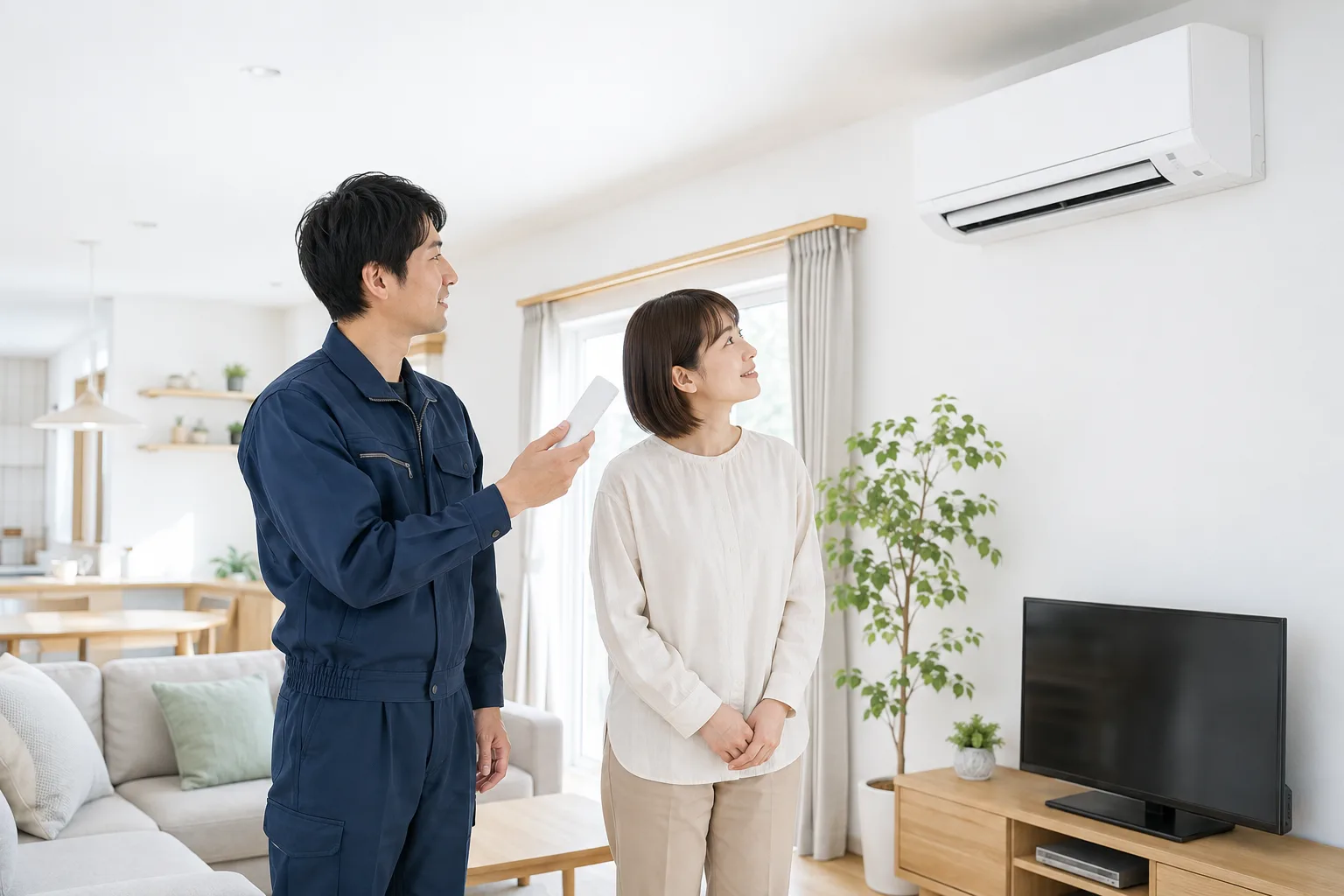 施工後にお客様とエアコンの動作を確認する作業員