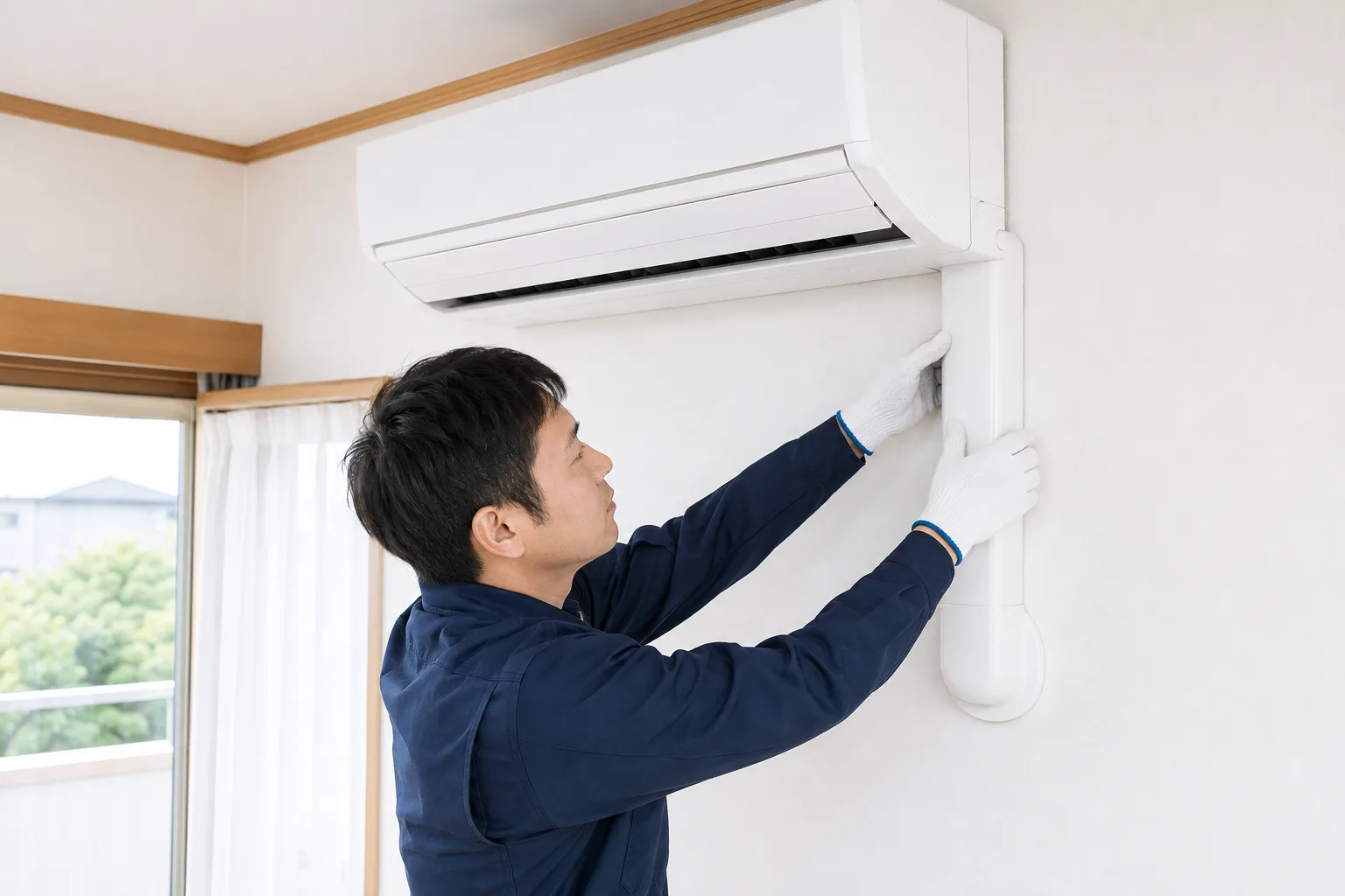 壁掛けエアコンと配管カバーを丁寧に施工する作業員