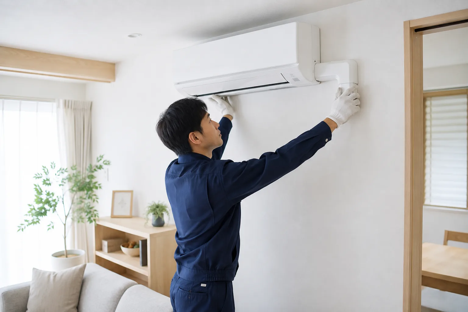 住宅の壁掛けエアコンを丁寧に確認する作業員