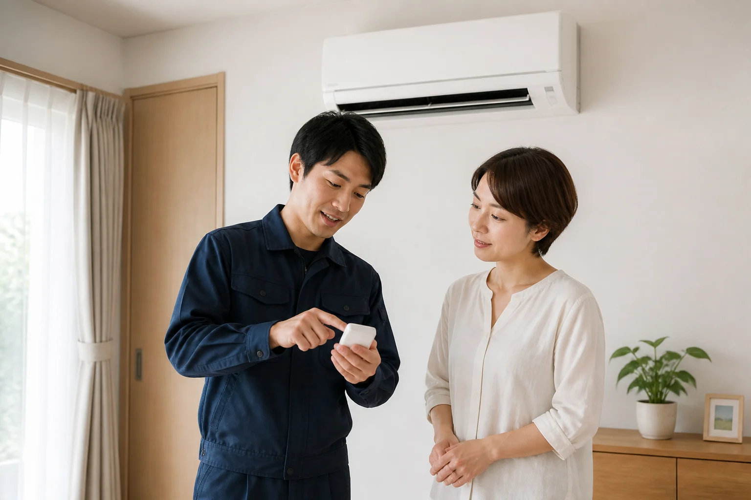 お客様にリモコンの使い方を説明し動作を確認するイメージ