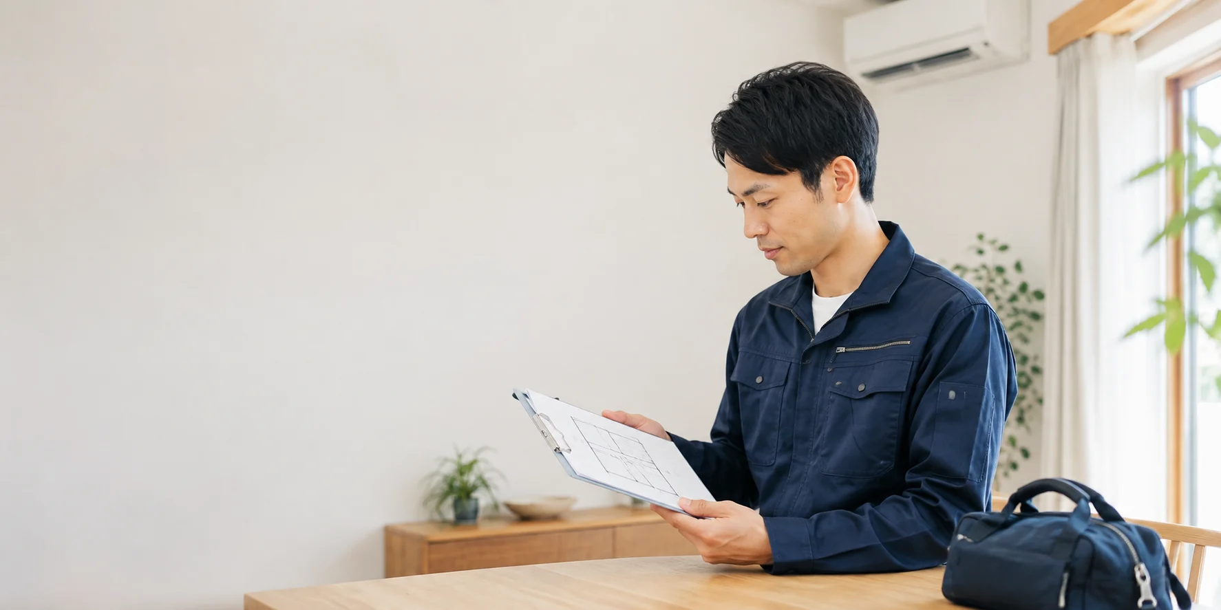 明るい室内で施工図面を丁寧に確認する職人のイメージ